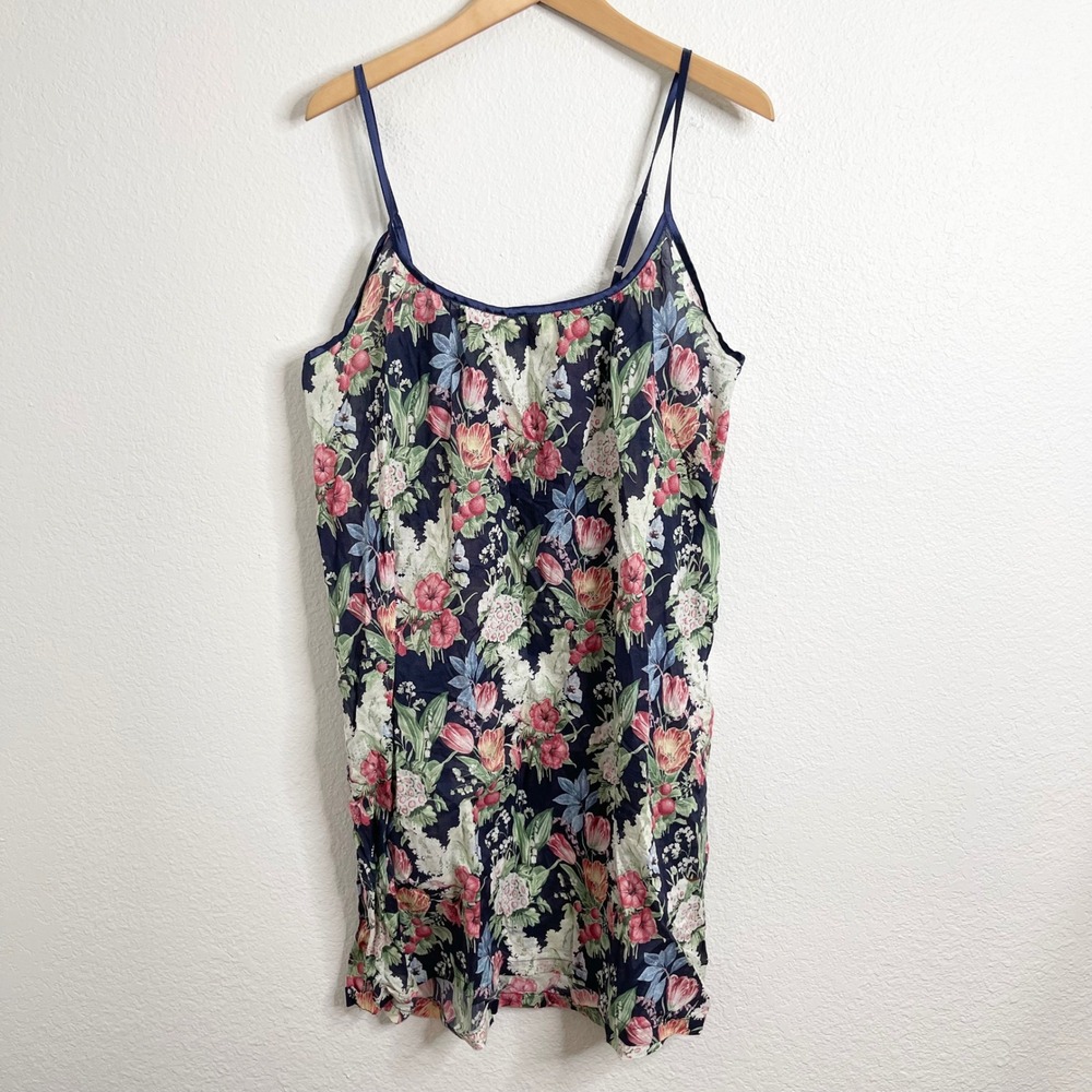 Papinelle Floral Nightgown Slip Dress Navy Blue‎ Pink White Cotton Size L